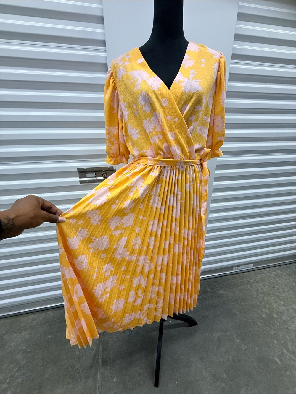 Yellow Floral Pleated Wrap Midi Dress